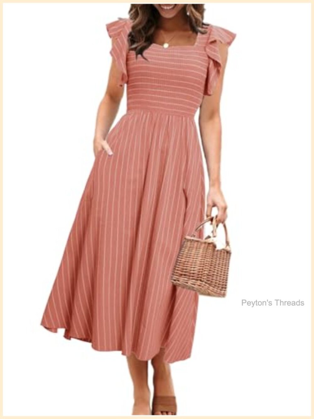 Women's Smocked Midi Dress Flutter Sleeve Boho A-Line Cotton Viscose Pockets